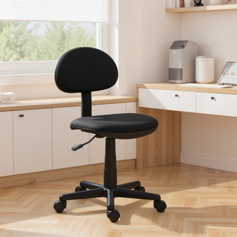 Small Desk Chair, Armless Office Chair with Adjustable Height, 360° Swivel Wheels, Low Back for Small Spaces, Black