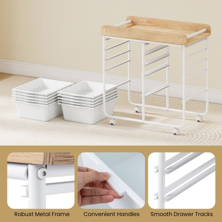 10-Drawer Rolling Cart with Wooden Tabletop and Lockable Wheels for Office-White