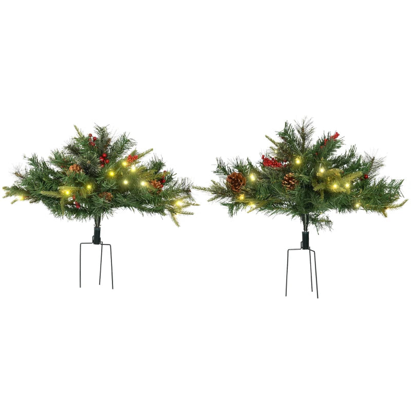 1.5 Foot/16 inch 2 Pack Prelit Artificial Christmas Tree Cordless with 69 Branches, Warm White LED lights, Red Berries, Pine Cones, for Outdoor Entryway, Green
