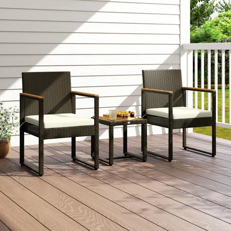 3 Pieces Wicker Patio Furniture Set, Rattan Bistro Set w/ Acacia Wood Table & Removable Cushions, White