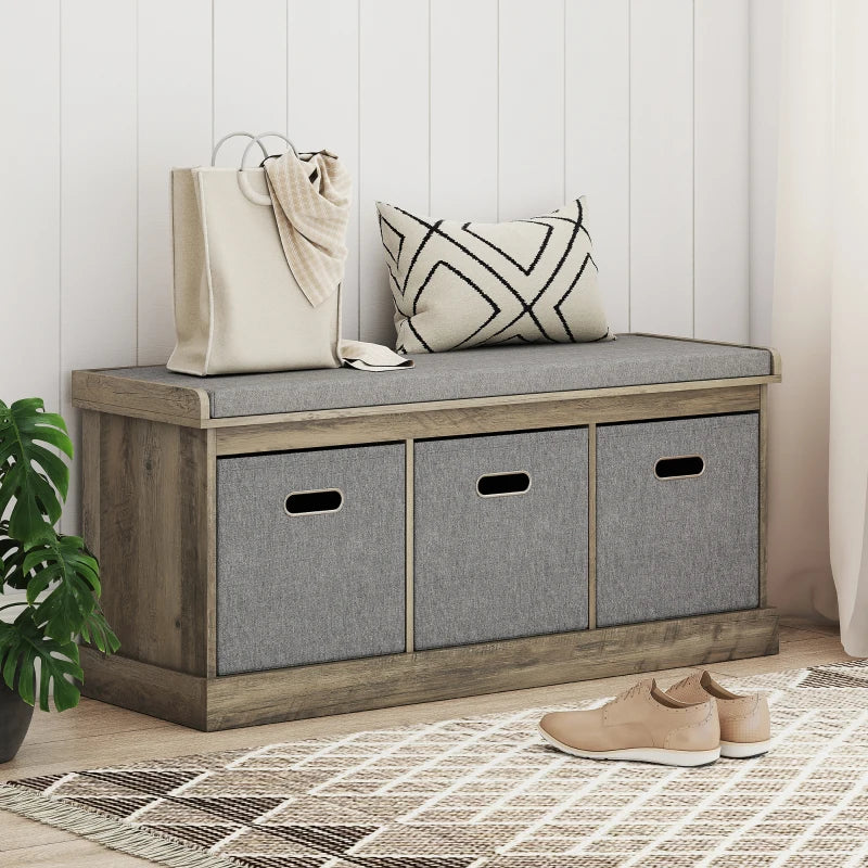 Shoe Storage Bench with Seat, Entryway Bench Seat with Cushion, 3 Fabric Drawers for Hallway, Washed Grey