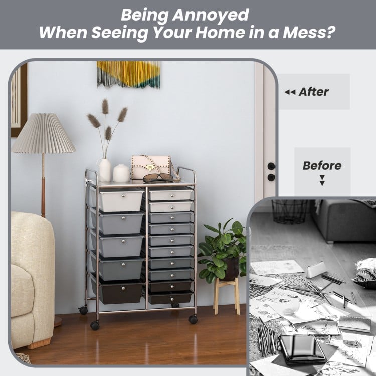 15-Drawer Utility Rolling Organizer Cart Multi-Use Storage-Black & Gray