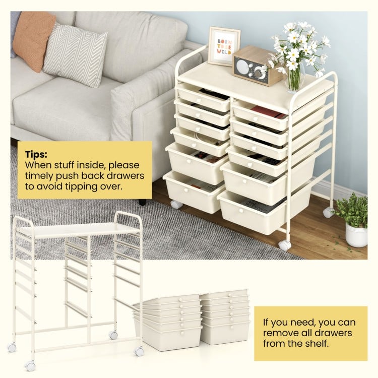 12-Drawer Rolling Storage Cart with Removable Drawers and Lockable Wheels-Beige