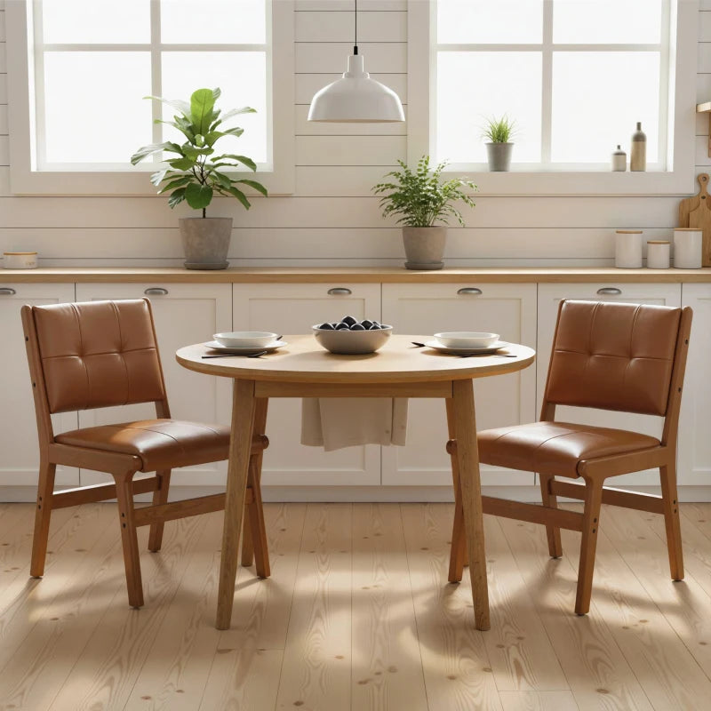 Set of 2 Kitchen Chairs, Button Tufted PU Leather Upholstered Dining Chairs with Rubberwood Legs for Dining Room, Brown