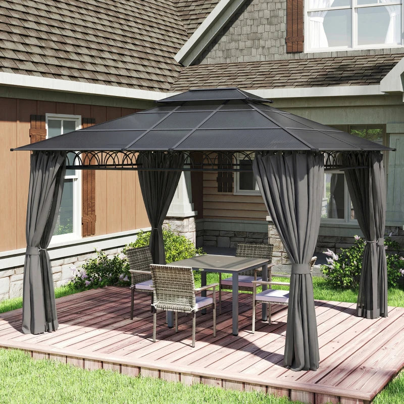 10' x 12' Outdoor Gazebo Canopy, Double Roof Hardtop Gazebo with Polycarbonate Roof, Steel Frame, Nettings and Curtains