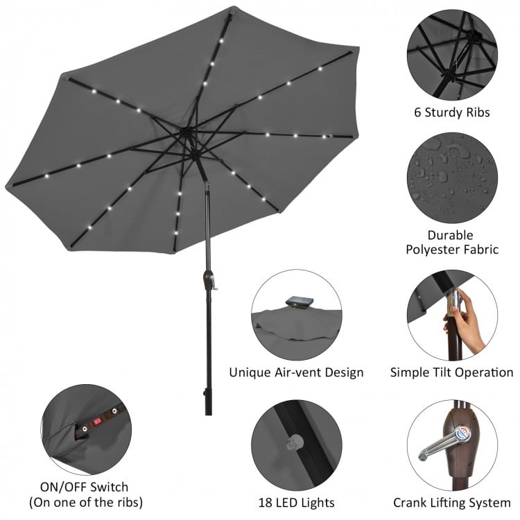 10 Feet Outdoor Patio Umbrella with Bright Solar LED Lights-Gray