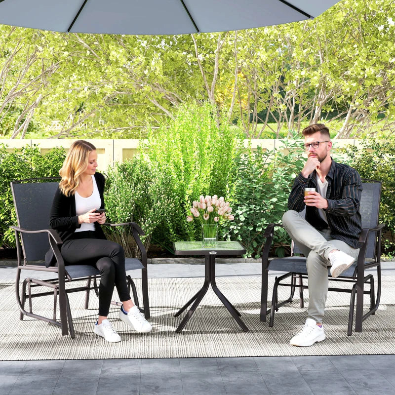 3 Piece Patio Glider Set Outdoor Gliders with Breathable Mesh Seat, Glass Top Table for Garden, Yard, Grey