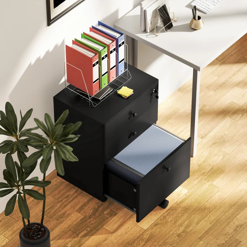3-Drawer Small Filing Cabinet with Lock, Vertical Office Storage Cabinet with Wheels for Home Office, Black