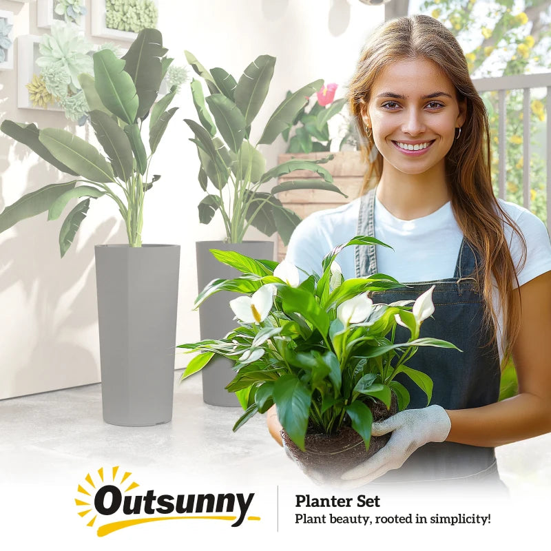 24" Tall Planters Set of 2, Indoor Outdoor Plastic Flower Pots with Inner Bucket and Drainage Holes, Dark Gray