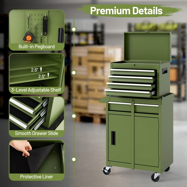 2-in-1 Rolling Tool Chest with 5 Sliding Lockable Drawers-Green