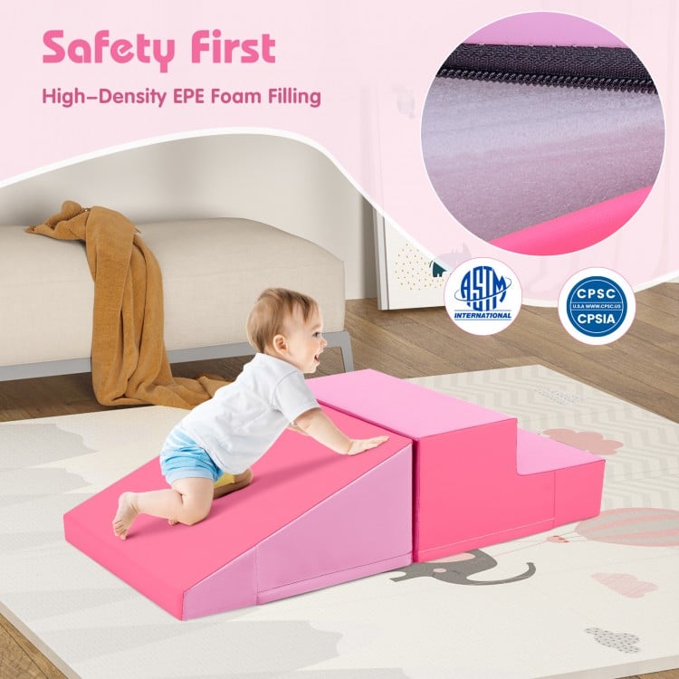 2-Piece Step and Slide Climber for Infants and Toddlers Baby Soft Play Set Foam Blocks-Pink