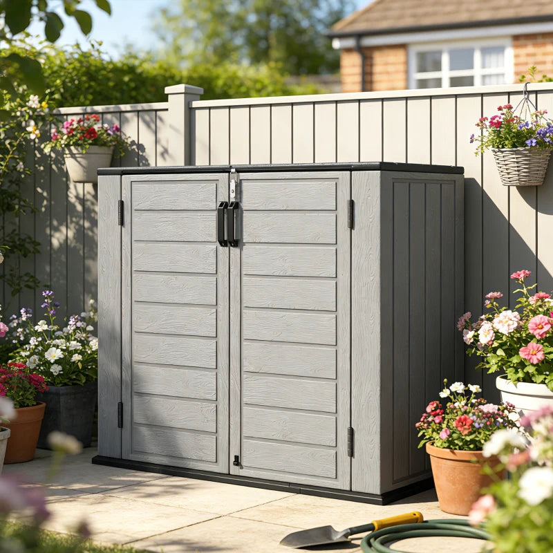 33 Cu.ft Plastic Outdoor Storage Shed, Storage Cabinet Tool Box with Lockable Double Doors and Flip-Top Lid Light Grey