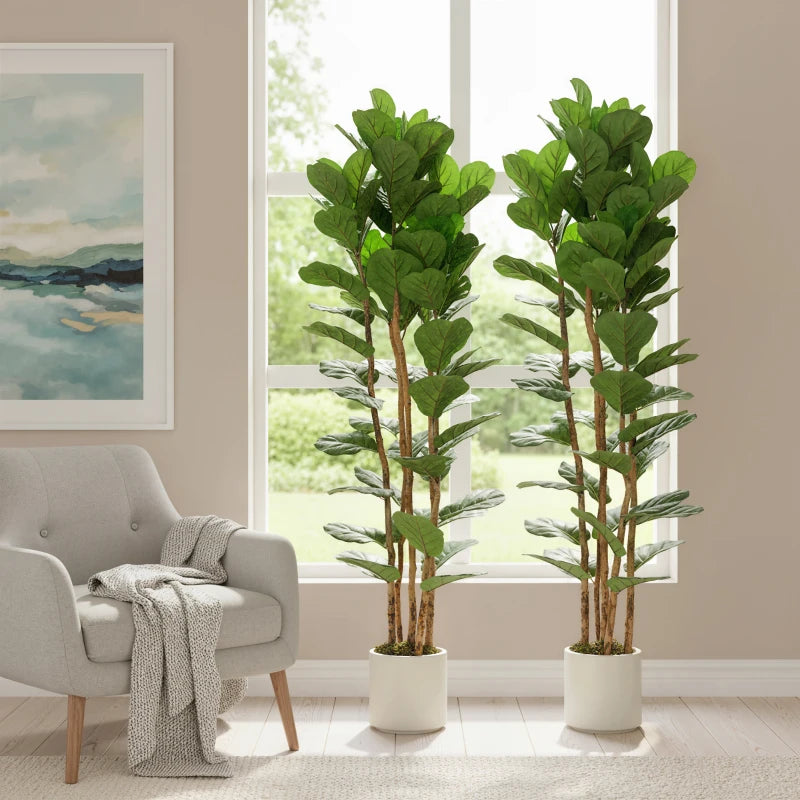 6FT Artificial Fiddle Leaf Fig Tree Set of 2, Fake Potted Tree with Solid Wood Trunks for Indoor Decor, Green