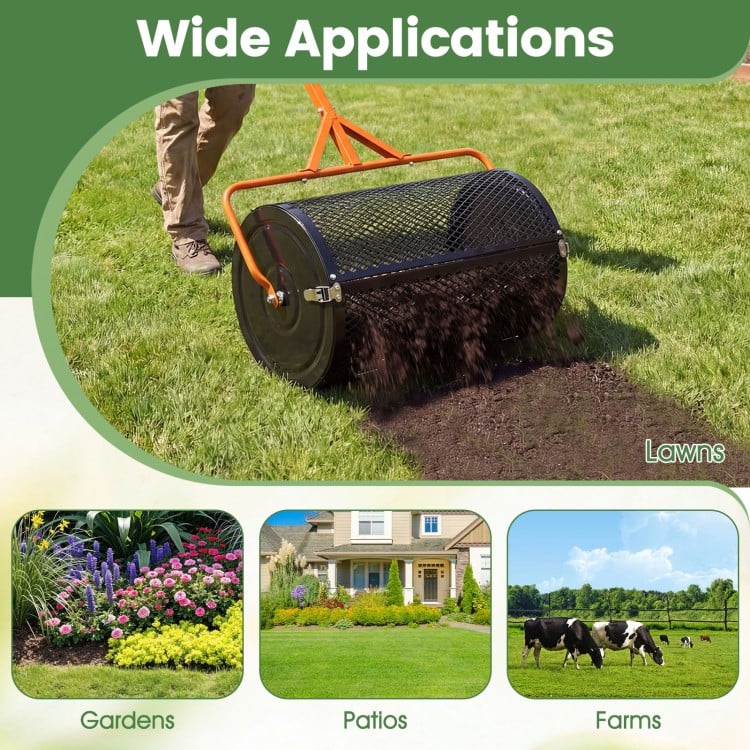 24 Inch Compost Spreader Peat Moss Spreader Roller with Height-Adjustable T-Shaped Handle-Orange