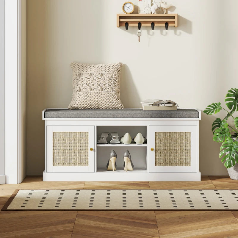 Shoe Bench with Padded Cushion, Boho Entryway Bench with Rattan Doors and Adjustable Shelves, Holds 9 Pairs, White