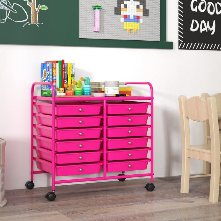 12 Drawers Rolling Storage Cart for Home and Office-Hot Pink