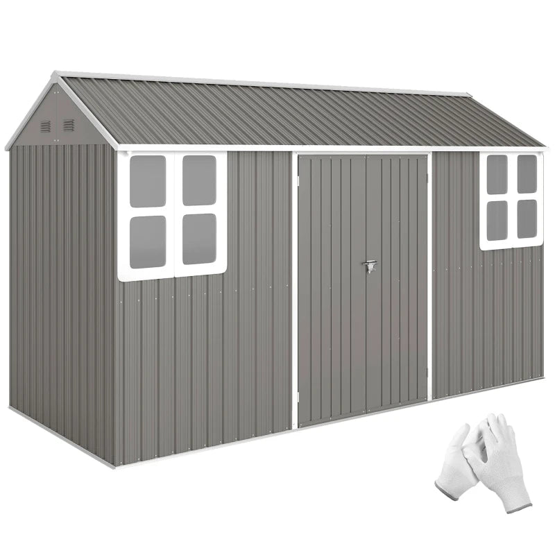 12' x 5.5' Metal Garden Storage Shed, Outdoor Tool Storage House with Lockable Door, Vents, Sloped Roof, Light Grey