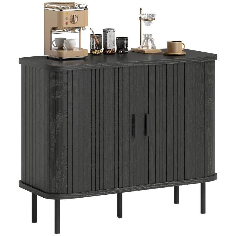 35.4" Sideboard Buffet Cabinet with Storage, Nordic Coffee Bar Cabinet with Slatted Tambour Doors and Metal Legs, Black