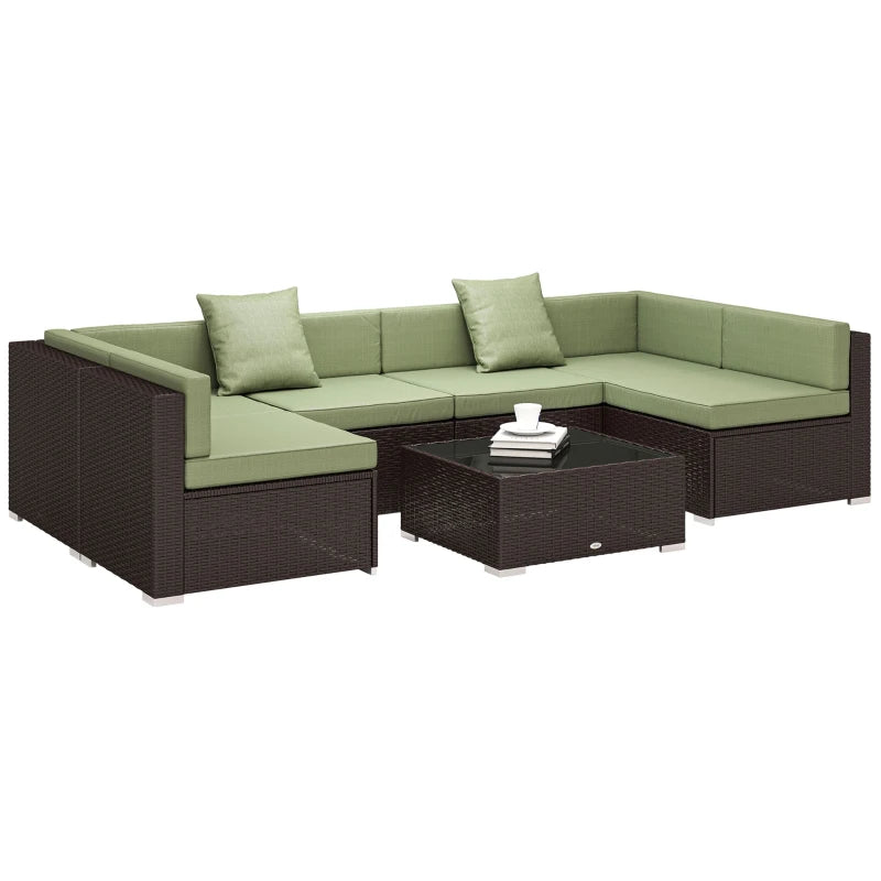 7 Pieces Outdoor Rattan Furniture Set, Patio Wicker Sectional Conversation Sofa Set, Light Green