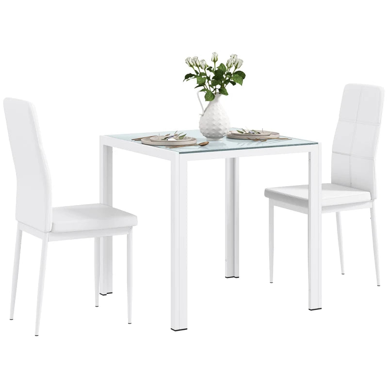3-Piece Rectangular Glass Kitchen Table and Chairs with Metal Frame and Faux Leather Upholstery for Dining Room, White