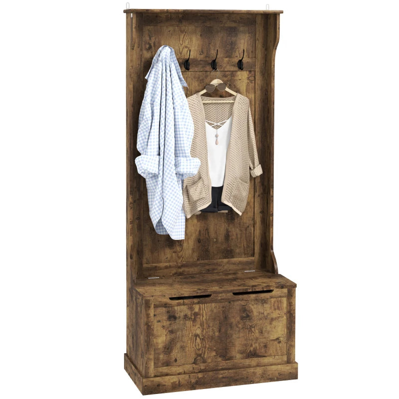 4-In-1 Hall Tree with Coat Rack, Top Shelf, Shoe Storage and Bench Seat, Entryway Bench with 4 Hooks, Rustic Brown