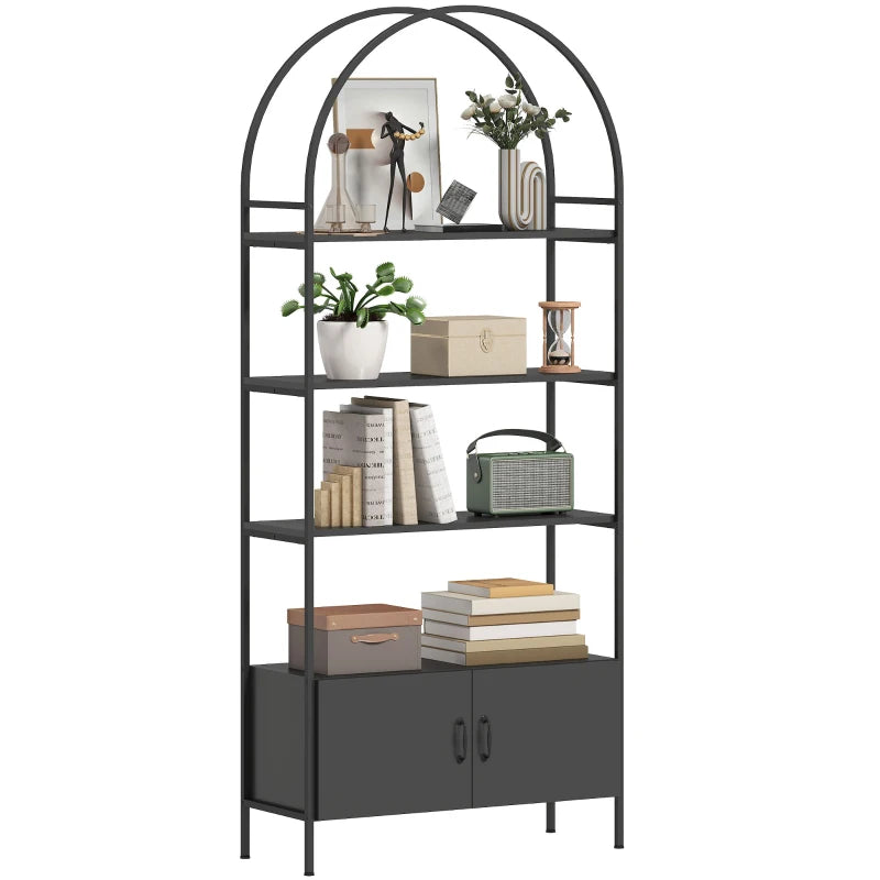 4-Tier Arched Shelving Unit with Cabinet, Bookshelf for Living Room, Office, 31.5" x 11.8" x 73.6", Black