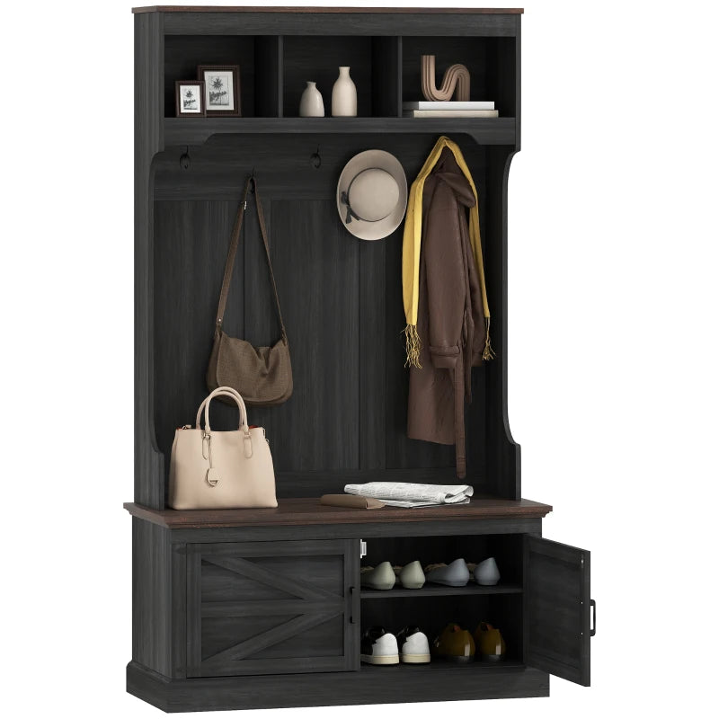 3-in-1 Hall Tree with Bench, Coat Rack with Shoe Storage, Distressed Black