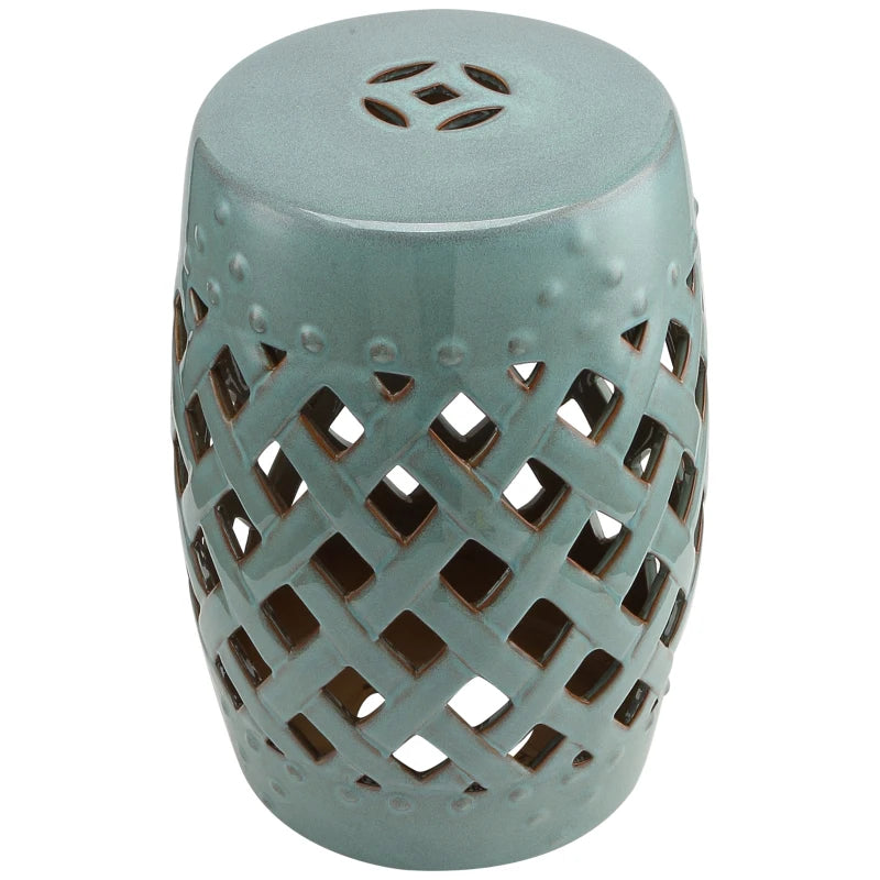 18" Ceramic Garden Stool with Woven Lattice Design, Indoor & Outdoor Decorative Accent Stool, Blue