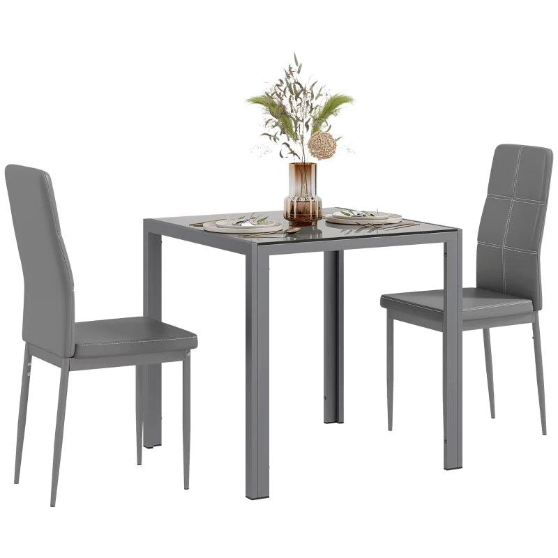 3-Piece Rectangular Glass Kitchen Table and Chairs with Metal Frame and Faux Leather Upholstery for Dining Room, Grey