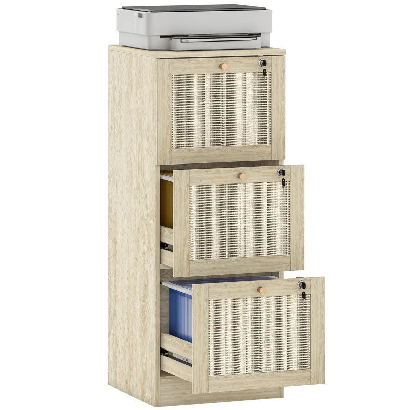 3 Drawer Filing Cabinet with Lock, Boho File Cabinet for A4 Letter Size Files with Decorative Rattan Accents, Oak