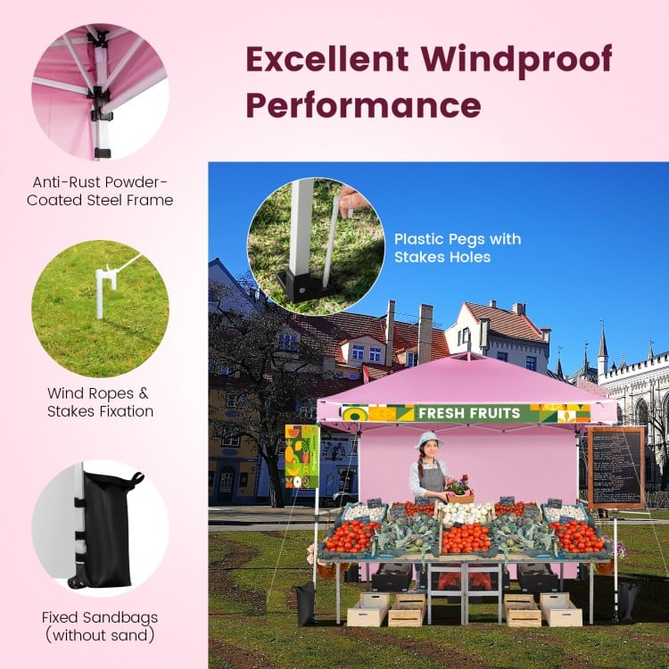 10 x 10 Feet Foldable Commercial Pop-up Canopy with Roller Bag and Banner Strip-Pink