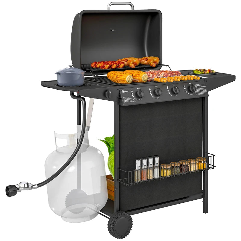4+1 Burner Propane Gas BBQ Grill, Portable Gas Barbecue Grill with Side Burner, Thermometer, Lid, Side Table, Shelf, Spice Rack, Wheels, Grease Cup for Garden, Black