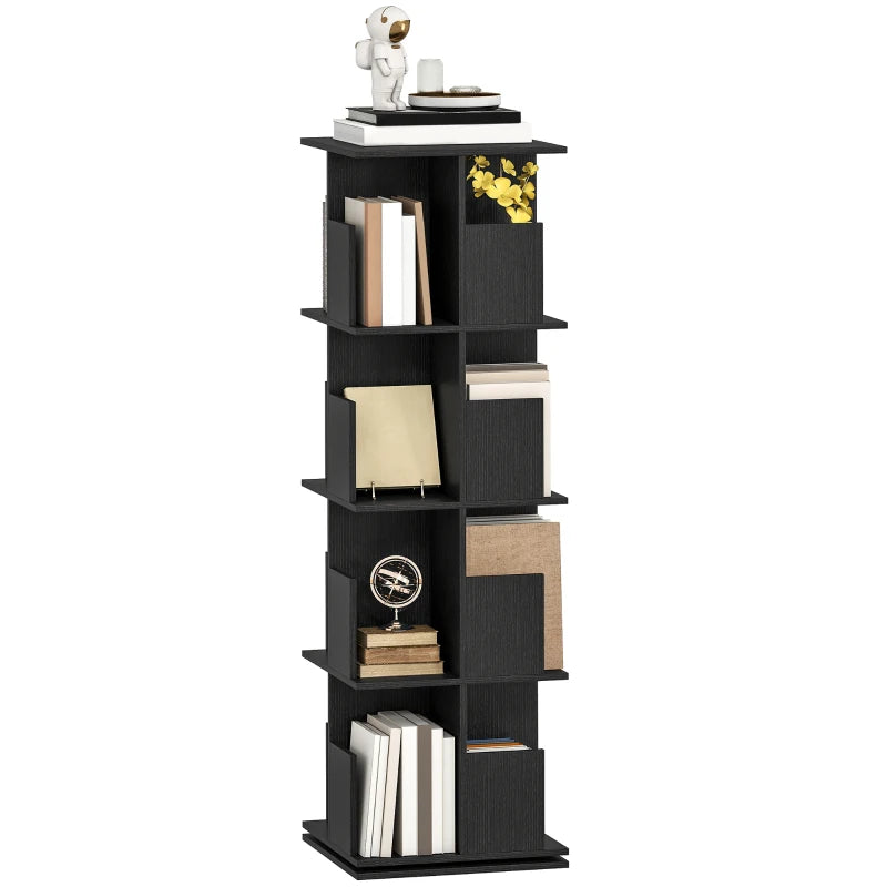 360° Rotating Bookcase with Anti-Tipping Straps, Anti-Slip Foot Pads, 4 Tier Bookshelf with 16 Cubbies for Books, Plants, Decorations, Black