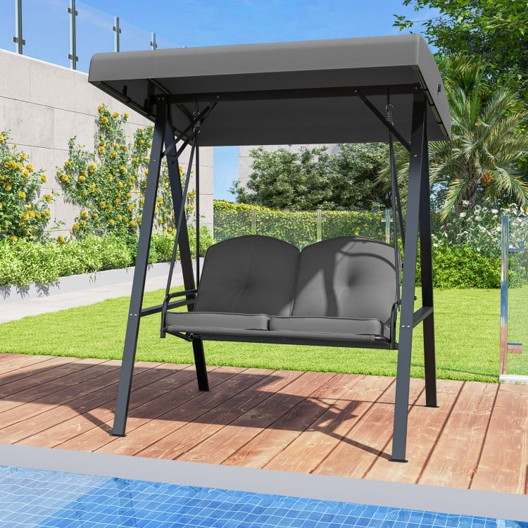 2-Person Outdoor Porch Swing with A-Shaped Metal Stand and Adjustable Canopy-Gray