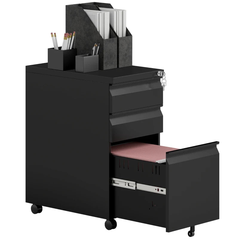 3 Drawer Filing Cabinet with Lock, Steel Office Storage Cabinet with Hanging Bar for A4, Legal, Letter Files, Black