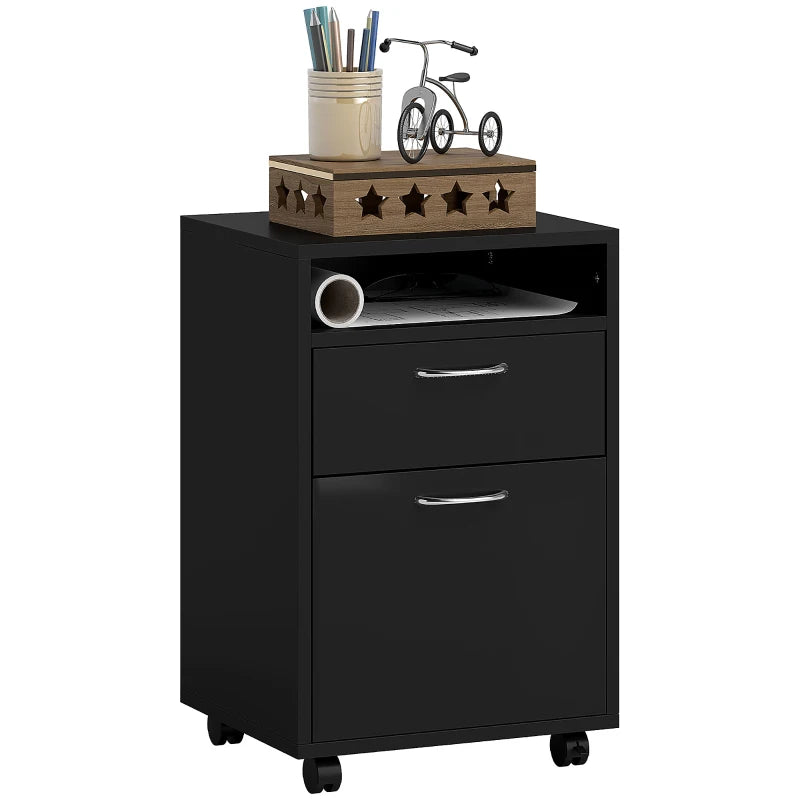 24" Small Filing Cabinet with Open Compartment, Drawer and Wheels, Home Office Storage Cabinet, Black