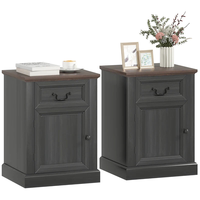 Side Table Set of 2, End Tables with Drawer and Cabinet, Nightstands for Small Spaces, Living Room, Black