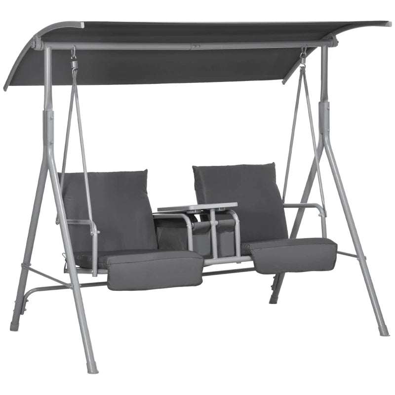 2-Seater Outdoor Porch Swing with Adjustable Canopy and Table, Patio Swing Chair for Garden, Poolside, Backyard, Grey