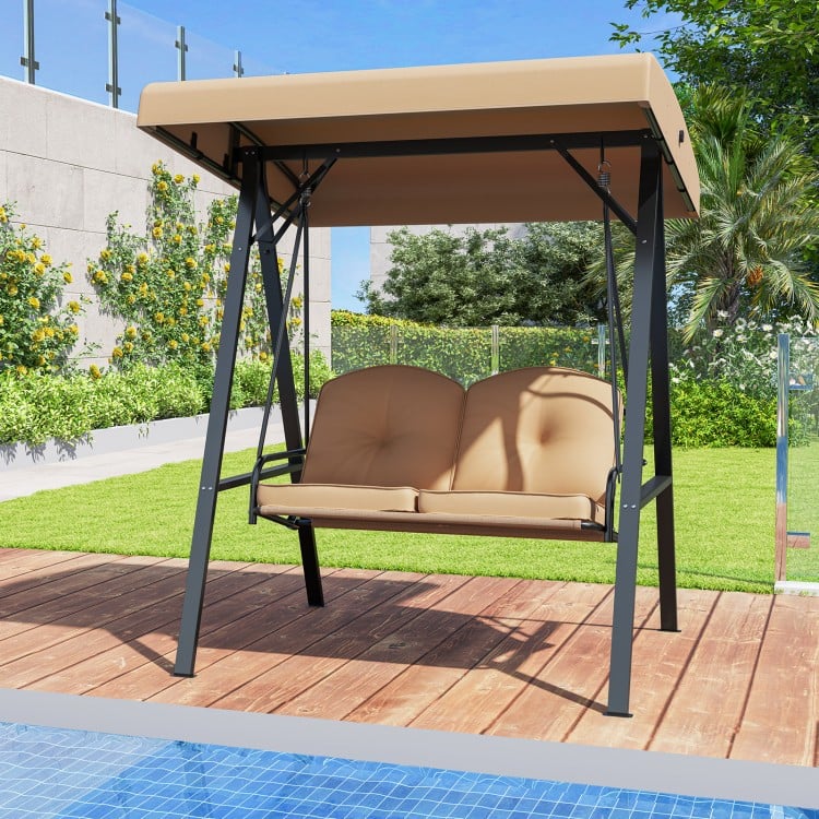 2-Person Outdoor Porch Swing with A-Shaped Metal Stand and Adjustable Canopy-Beige