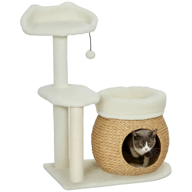 31" Cat Tree Tower with Scratching Posts, Cat Condo, Beds, Platform, Toy Ball, for Indoor Cats, Cream White