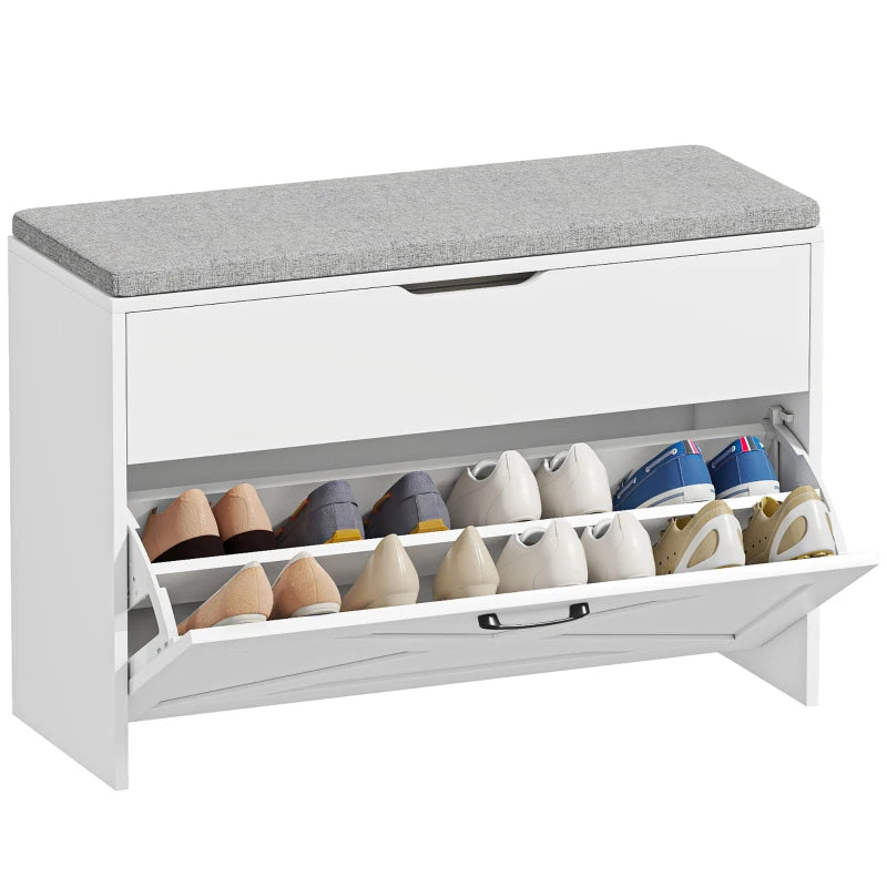 Shoe Storage Bench with Flip Drawer and Lift Top Storage, Entryway Bench with Seat Cushion for Hallway, White