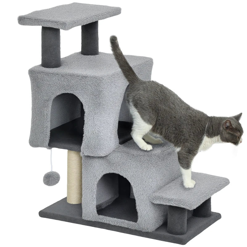 4-Step Pet Stairs, Adjustable Height Cat Stairs with Scratching Posts Cat Condo, Hanging Ball for High Bed, Grey