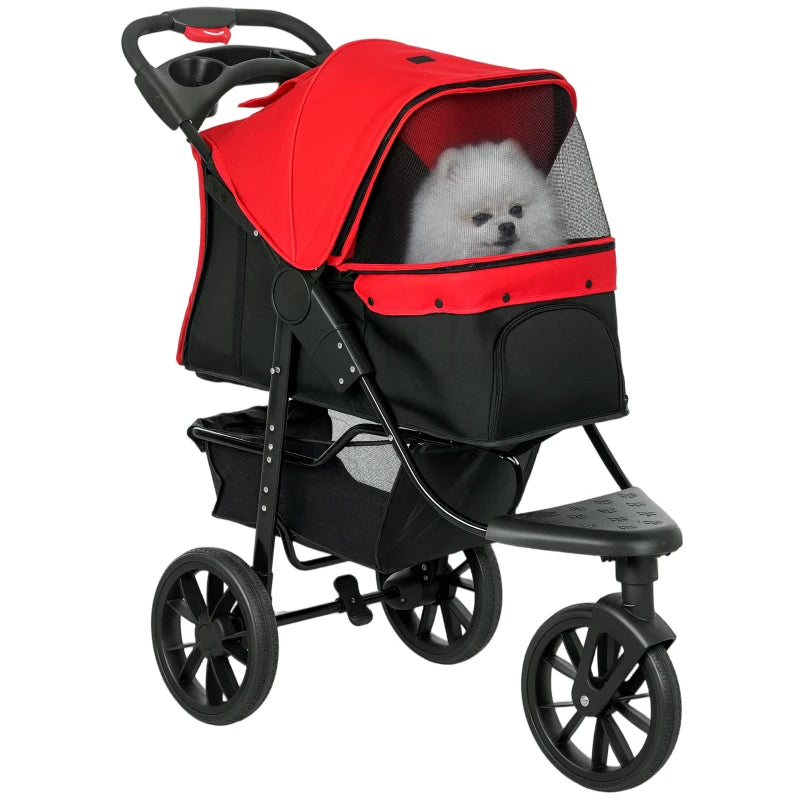 3 Wheel Folding Dog Stroller, Travel Carrier with Adjustable Canopy, Storage Brake, Mesh Window for S&M Dogs, Red