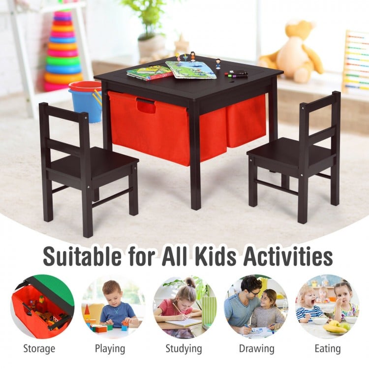 2-in-1 Kids Double-sided Activity Building Block Table with Drawers-Brown