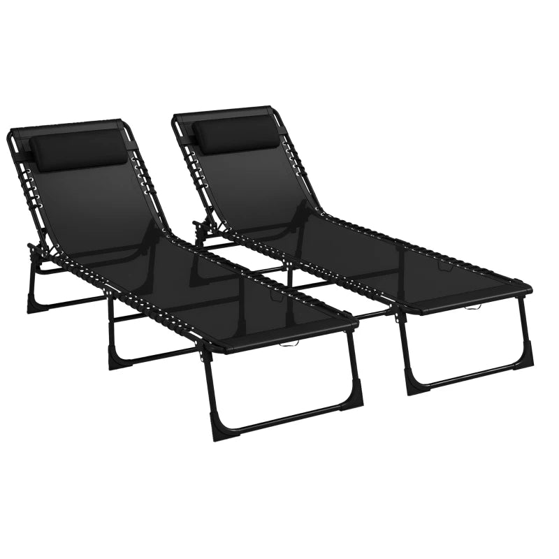 2pcs Folding Lounge Chair, Adjustable Chaise Lounge with Headrest, Reclining Lounger Cot for Camping, Black