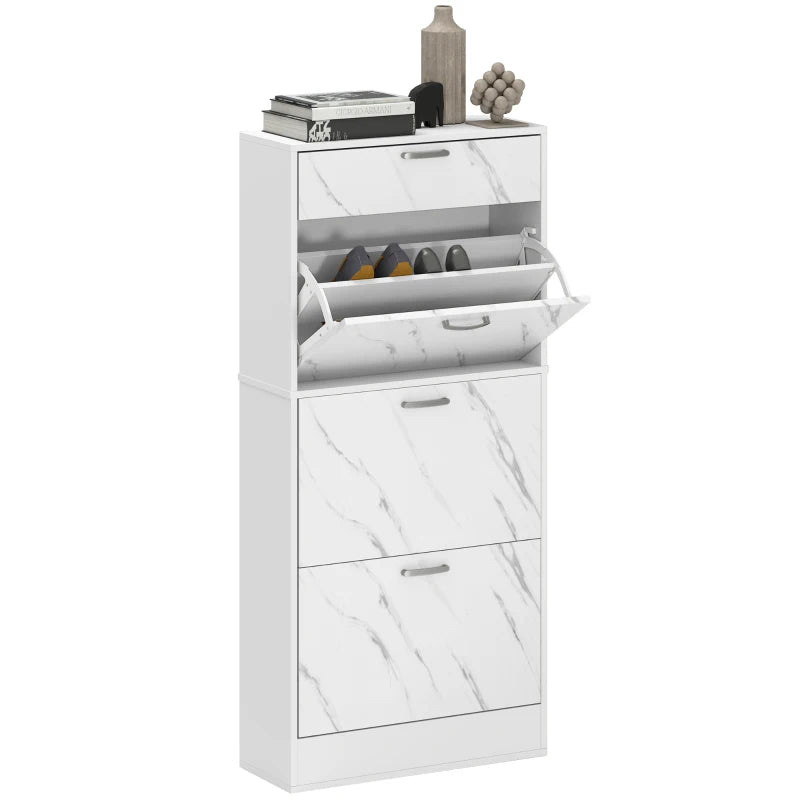 3 Flip Drawer Shoe Cabinet, Marble-Effect Narrow Shoe Storage Cabinet with Top Drawer and Adjustable Shelves, White