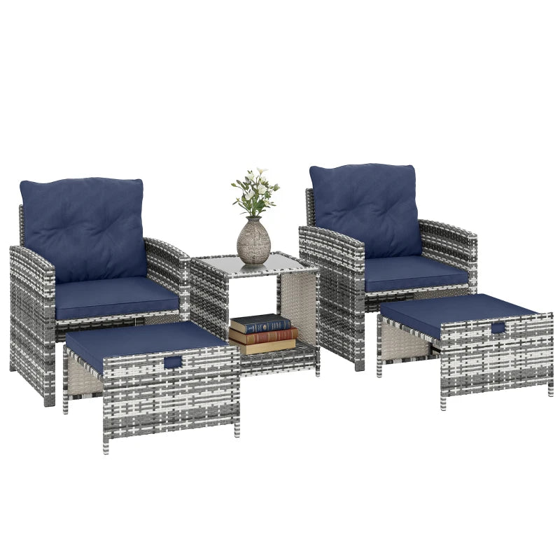 5 Piece Patio Furniture Set, Wicker Patio Chairs with Ottomans, 2-Tier Glass Coffee Table and Cushions, Grey/Dark Blue