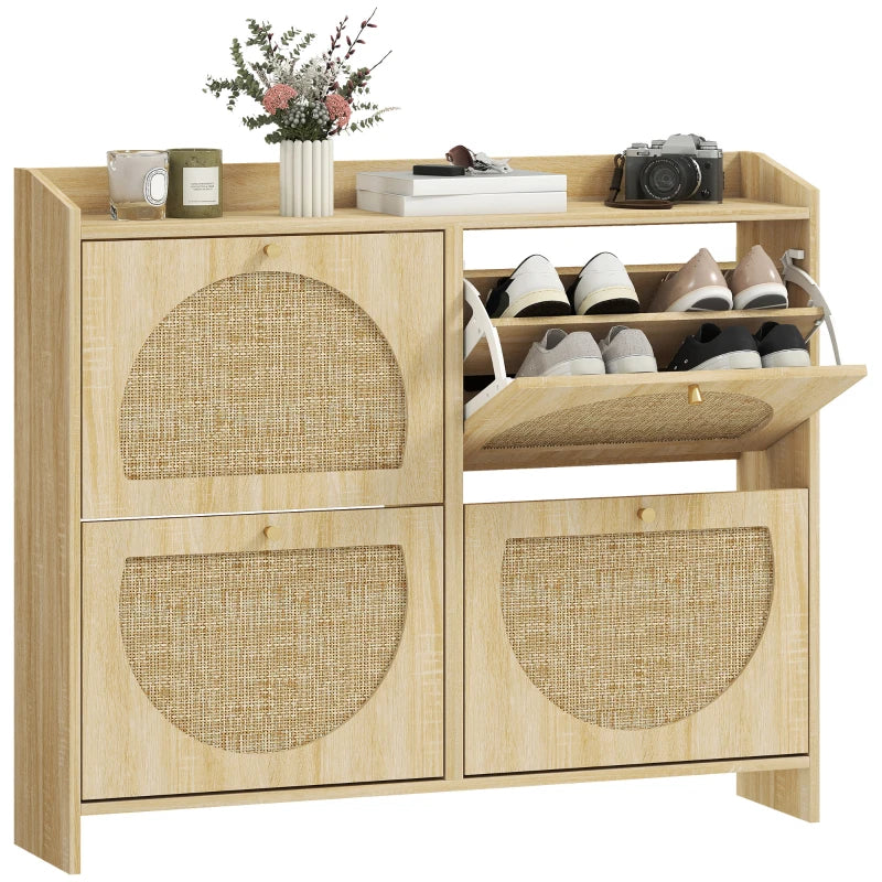 4 Flip-Drawer Shoe Cabinet, Shoe Storage Cabinet with Rattan Doors and Adjustable Shelves, Holds 16 Pairs, Natural