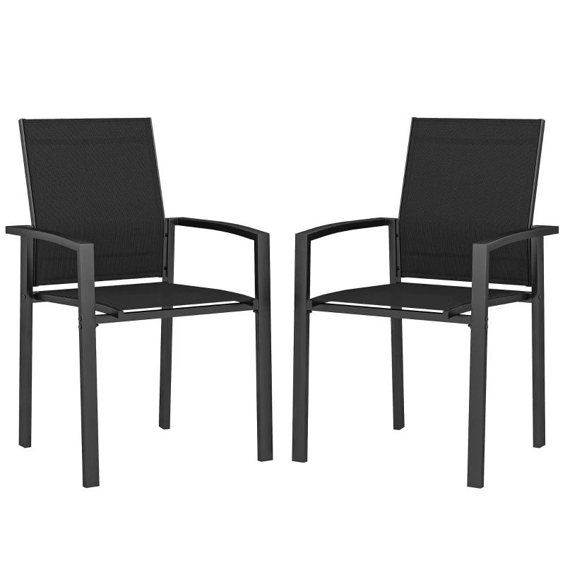 Set of 2 Outdoor Garden Chairs, Stackable Patio Dining Chairs with Breathable Fabric, Armrests and Backrest, Black
