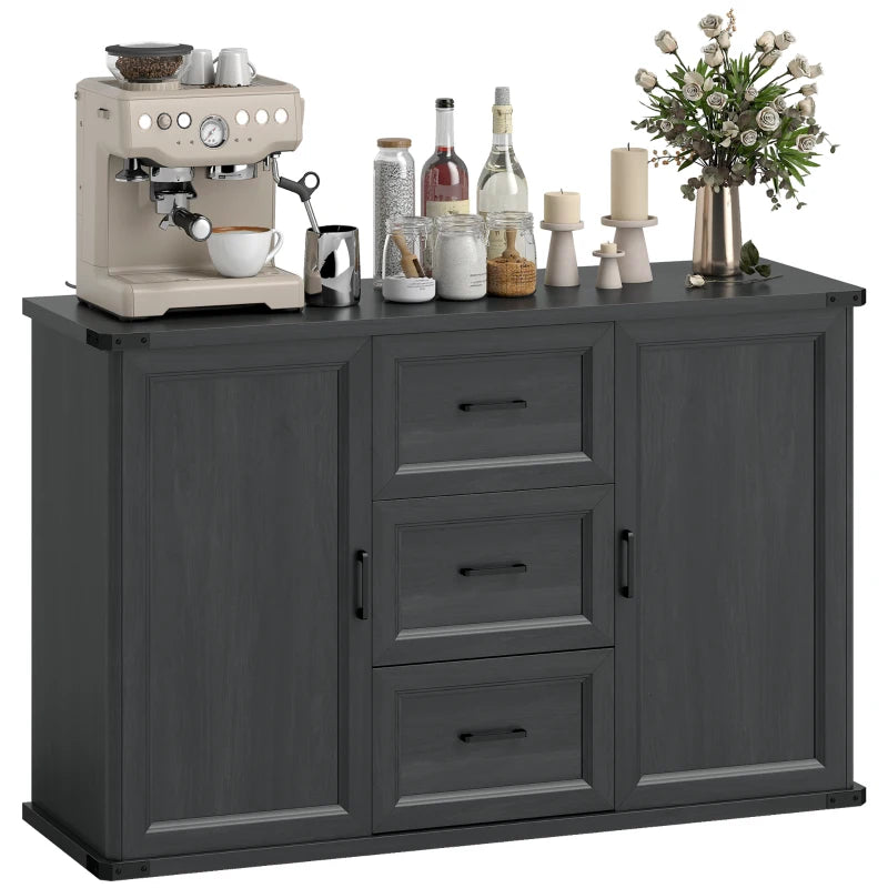 Sideboard with 3 Drawers and 2 Doors, 47" Buffet Cabinet with Adjustable Shelves for Kitchen, Black Wood Grain